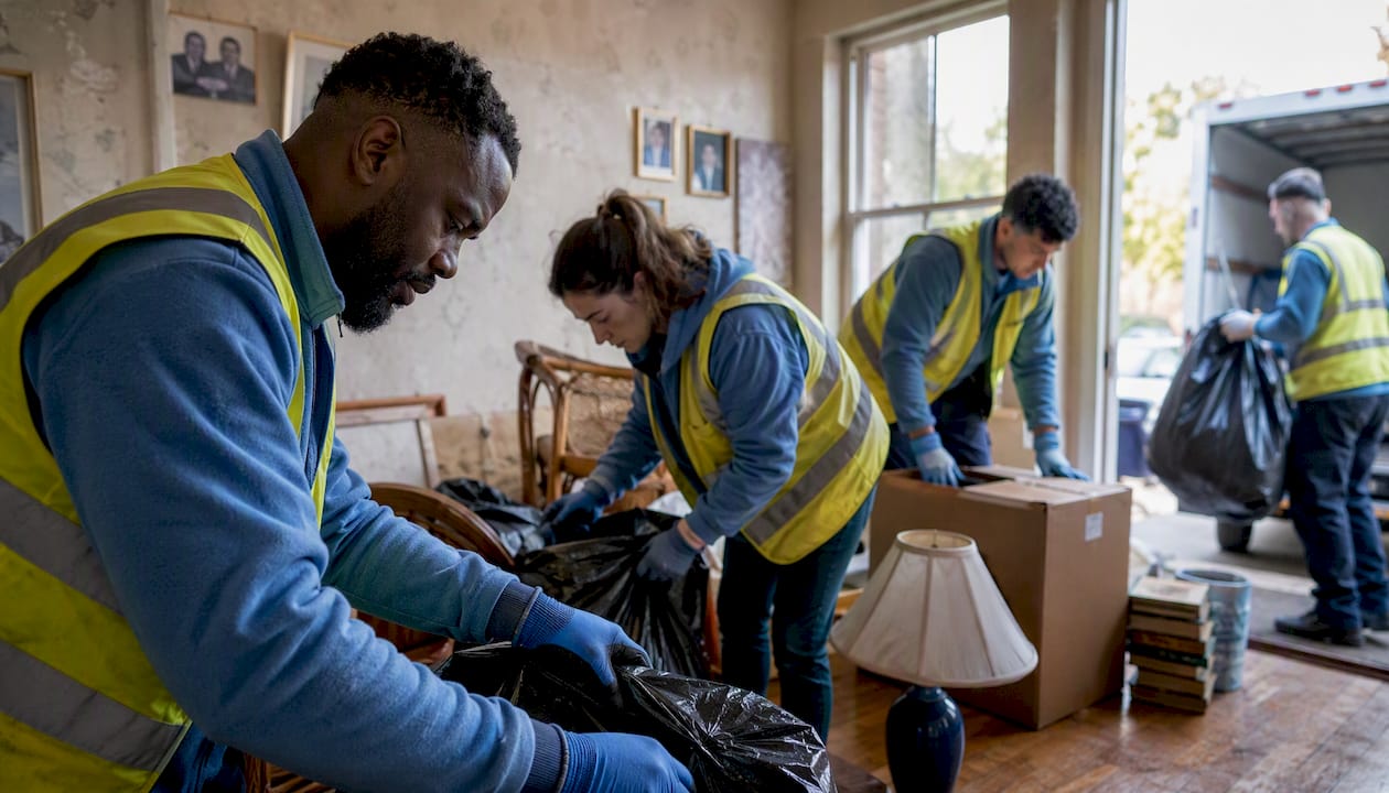 Professional junk removal crew clearing hoarder house