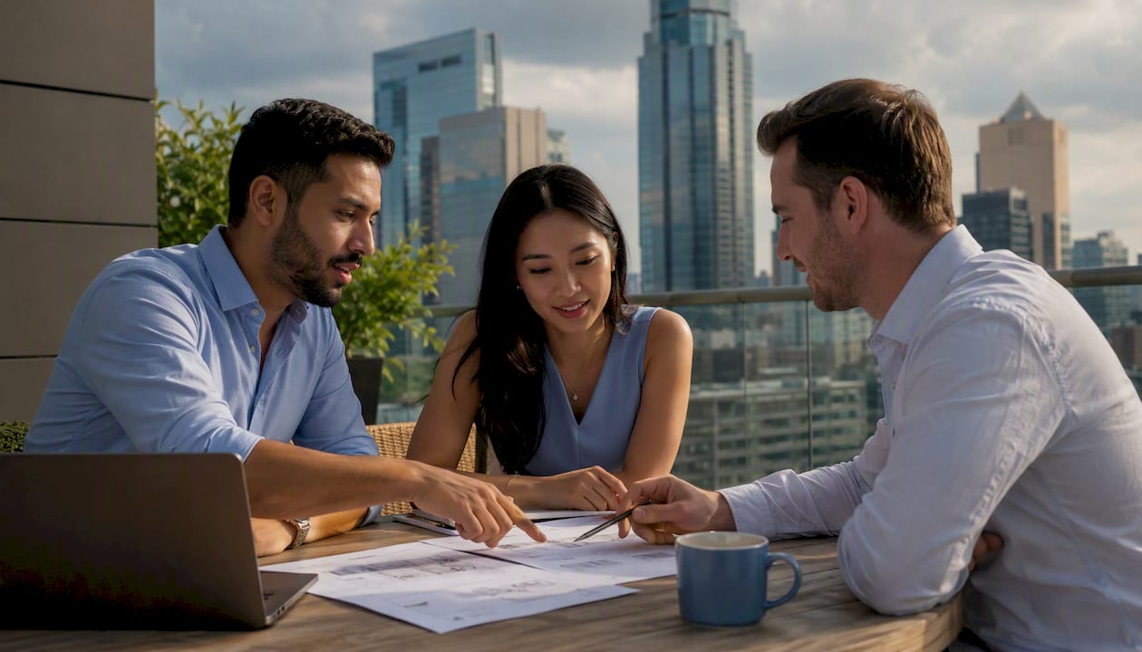 Group of investors analyzing mortgage options in conference room