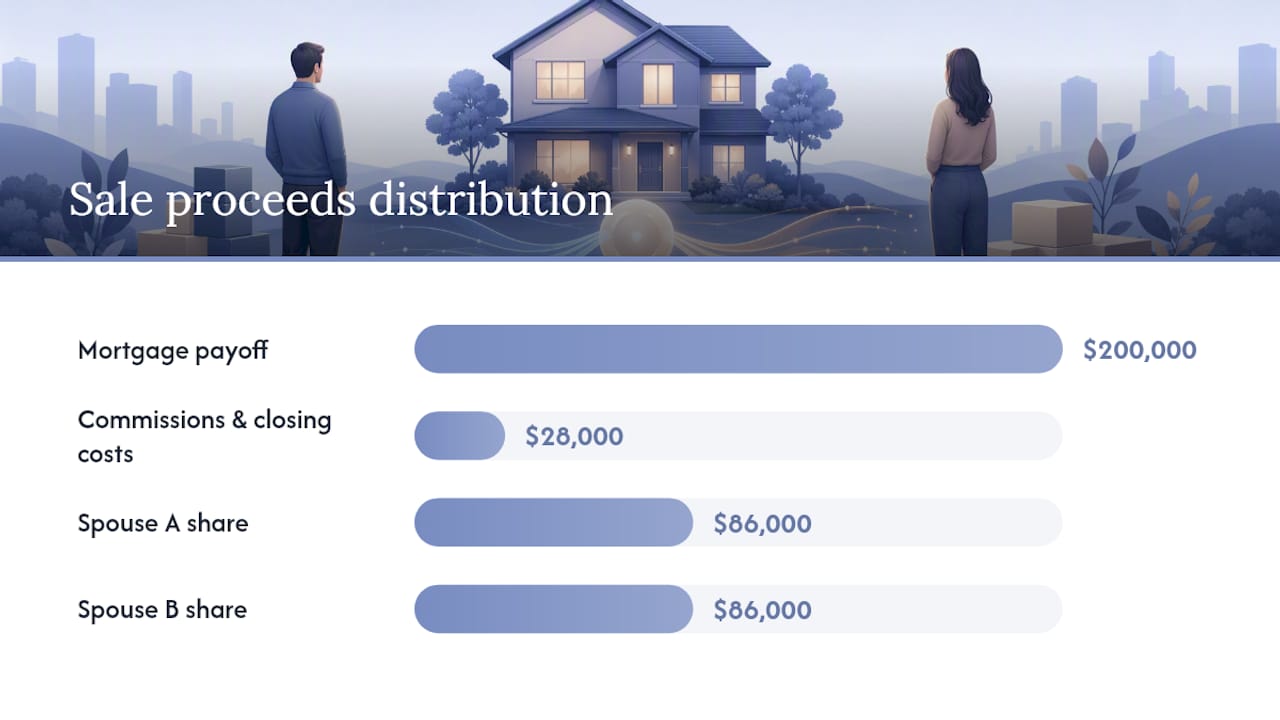 How are sale proceeds divided in a U.S. divorce? — overview diagram